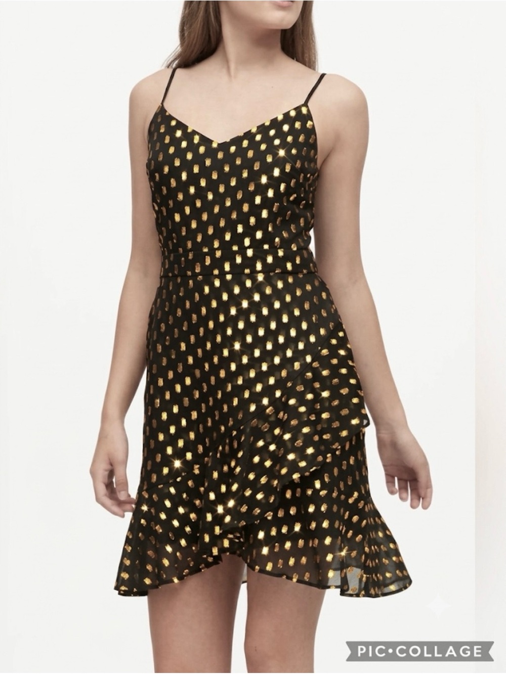 Banana Republic Black Gold Metallic Fot Mesh Ruffle Mini Dress 14 Cocktail Party